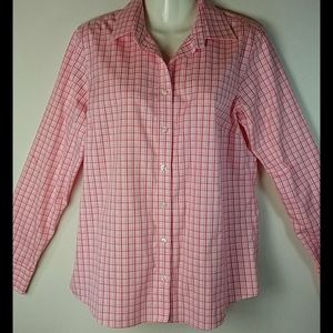 Lands' End Pink, Red & White Plaid No Iron Shirt